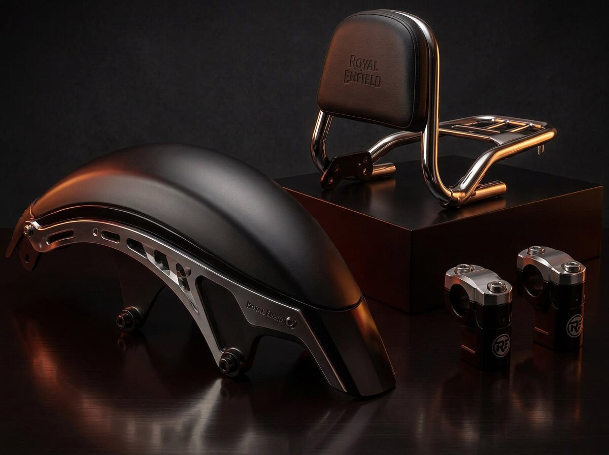 Chrome and matte motorcycle accessories on a dark backdrop